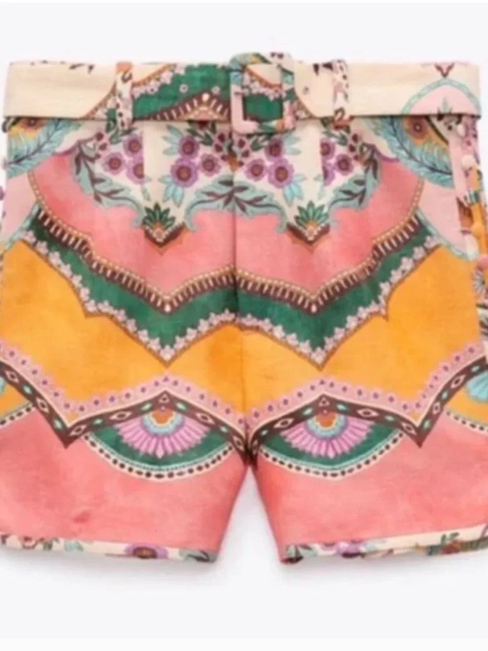 ZARA Belted Linen Blend Print Shorts – Medium | Pink Moroccan Boho | EUC - Picture 2 of 14